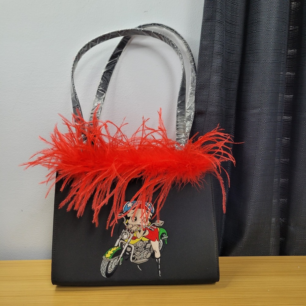 Betty Boop Black Cosmetic Bag with Red Feather Trim